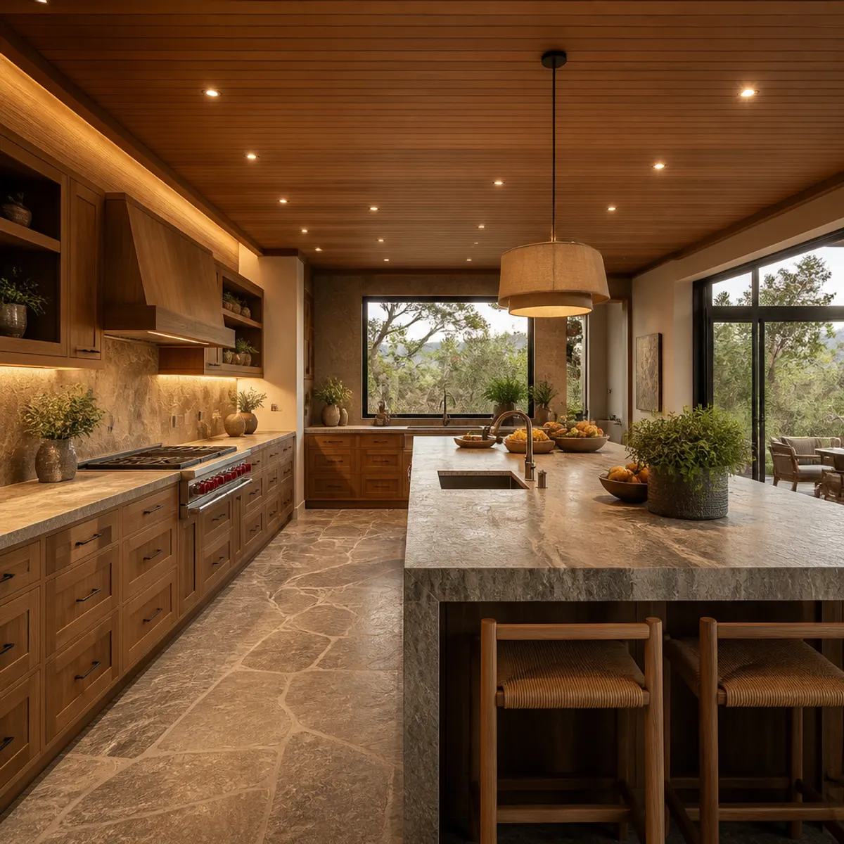 A biophilic kitchen design in Kerala featuring rich teak cabinetry, open layout, and abundant natural light