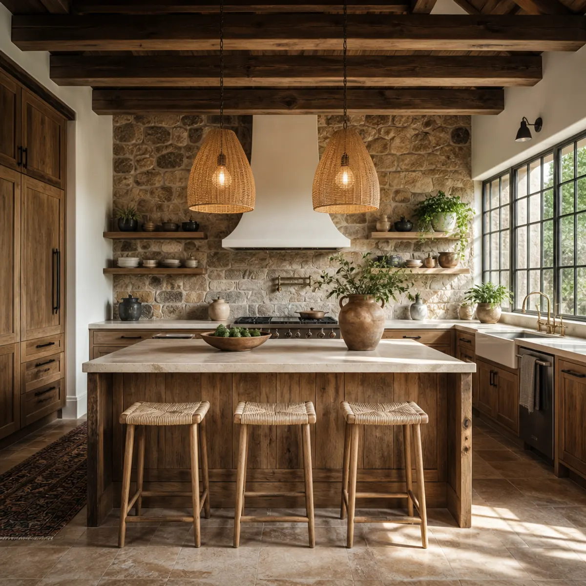 A beautifully designed bohemian kitchen featuring woven textures, earthy colors, and eclectic accessories.