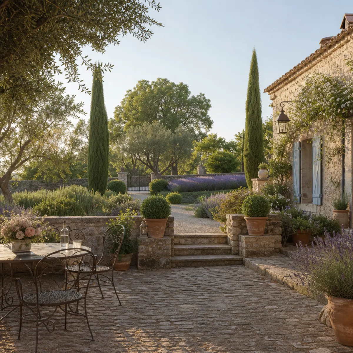 A picturesque French country garden featuring lavender fields, cobblestone pathways, and wrought iron furniture under a clear blue sky