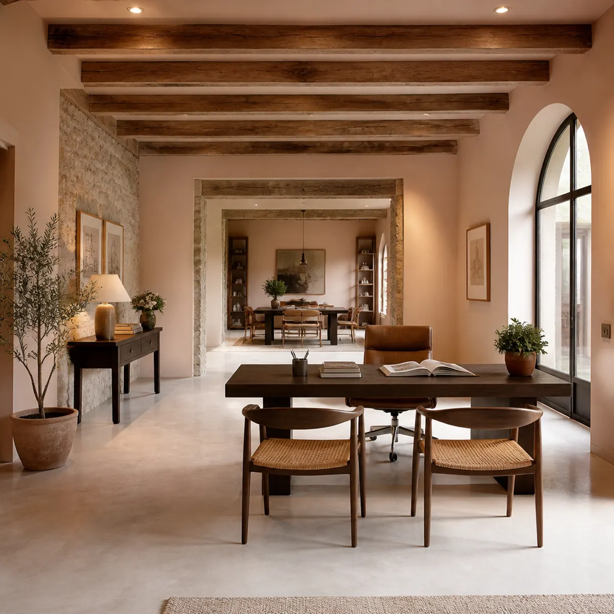 Elegant office interior blending French country style with Andalusian architectural elements, featuring rustic wooden beams and pastel color palette.