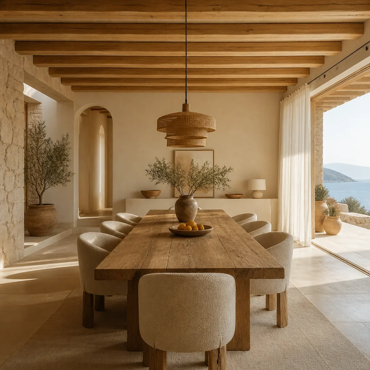 Mediterranean coastal dining room featuring natural woods, stone accents, and an airy atmosphere.