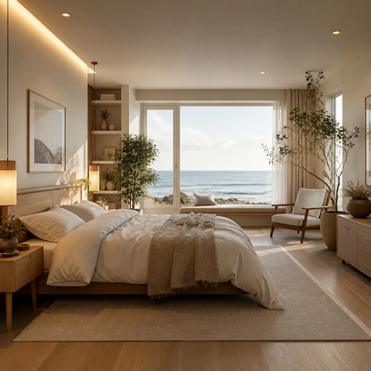 A serene Scandinavian bedroom featuring natural timber accents, soft linens, and coastal-inspired decor