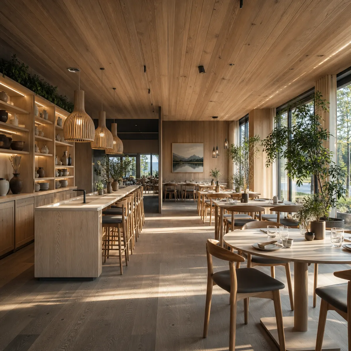 A Scandinavian-inspired restaurant interior with wood paneling, minimalist furniture, and warm lighting, creating a cozy dining atmosphere.
