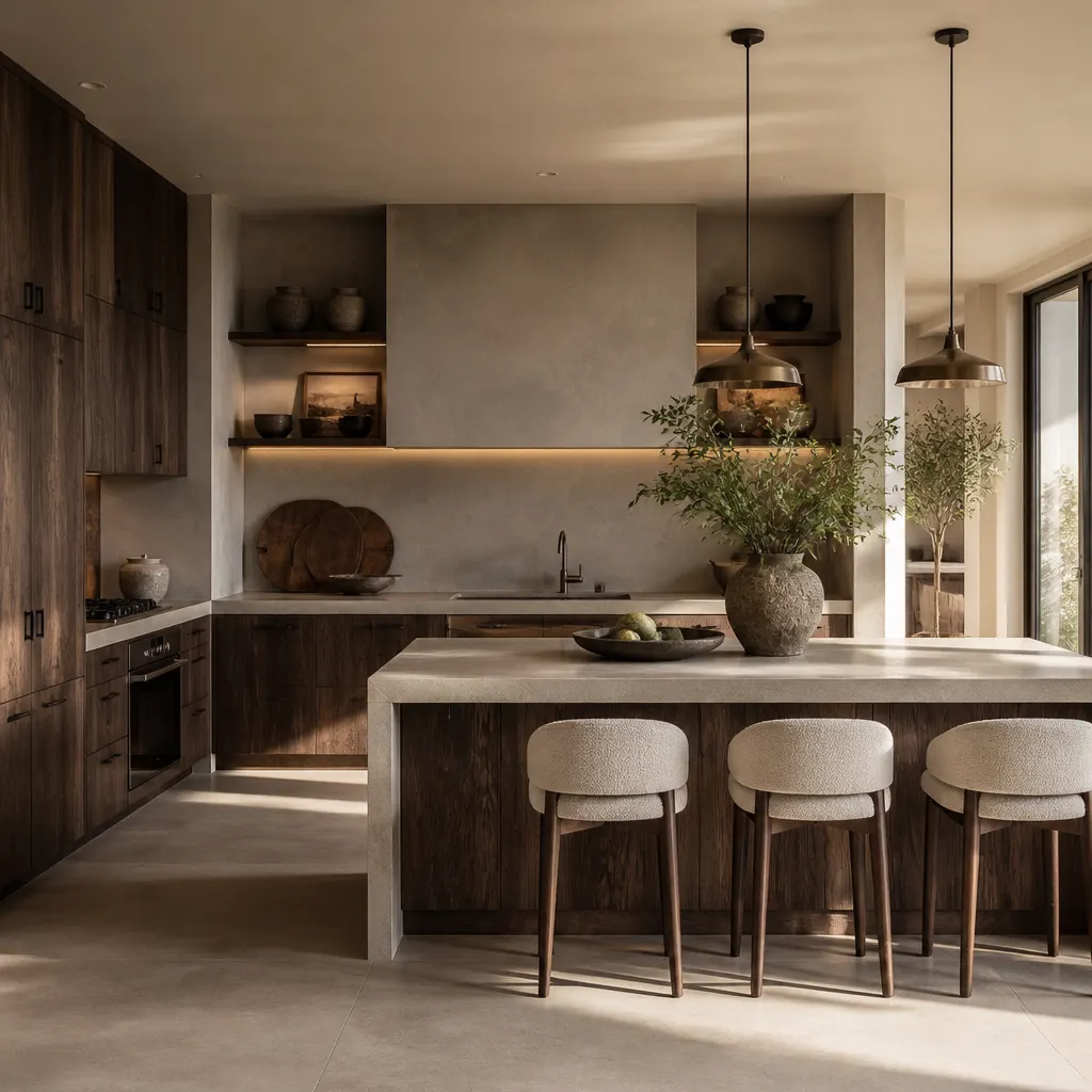 A luxurious desert-inspired kitchen featuring indigenous woods, natural stone surfaces, and ample daylight for an organic modern aesthetic.