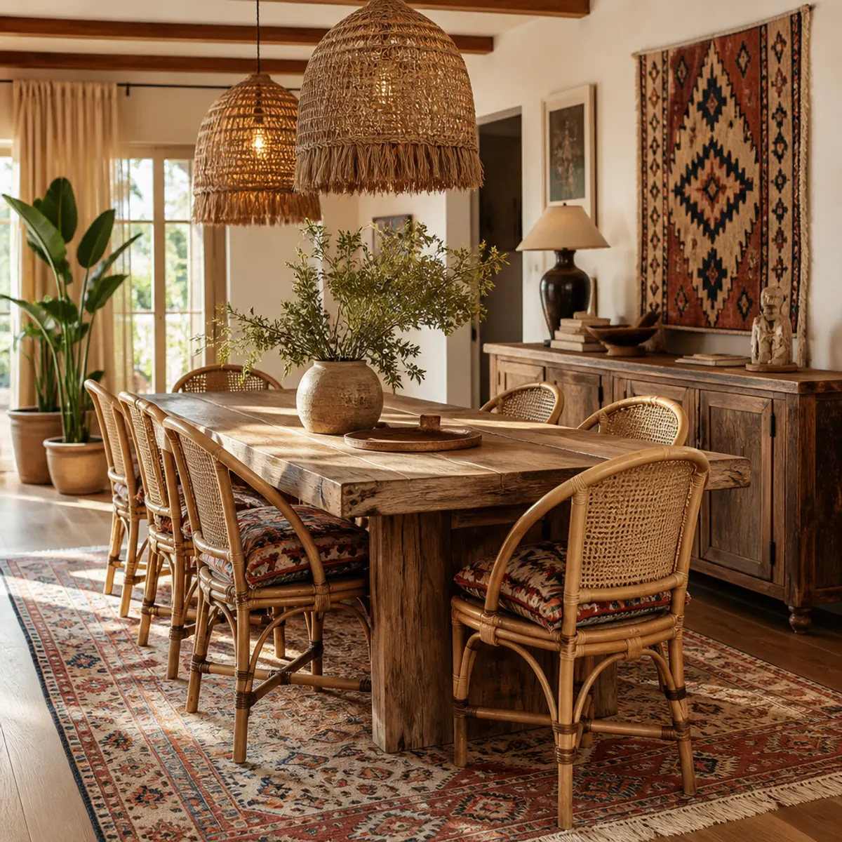 A vibrant bohemian dining room featuring an eclectic mix of textures, colors, and natural materials.