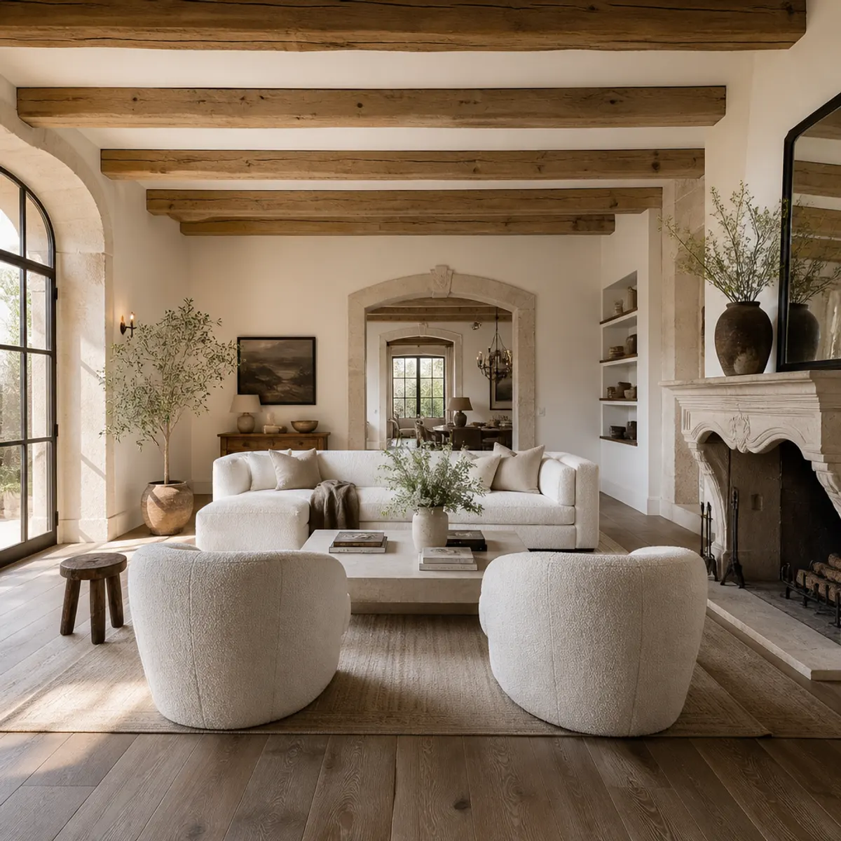 French Country living room featuring soft pastel colors, rustic wood beams, and elegant vintage furnishings