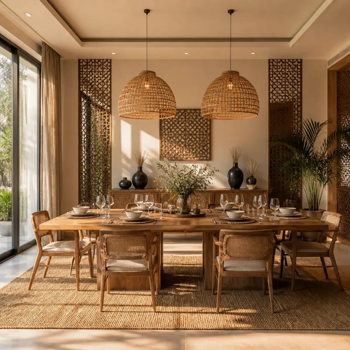 Elegant modern minimalist dining room featuring traditional Indian motifs and indigenous materials