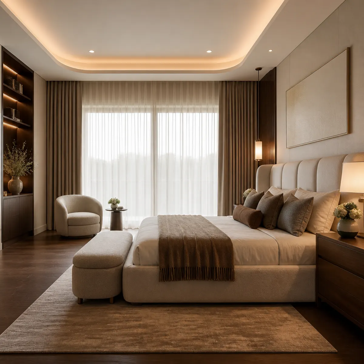 Transitional bedroom featuring a blend of classic and contemporary design elements with a soothing color palette and luxurious textures.