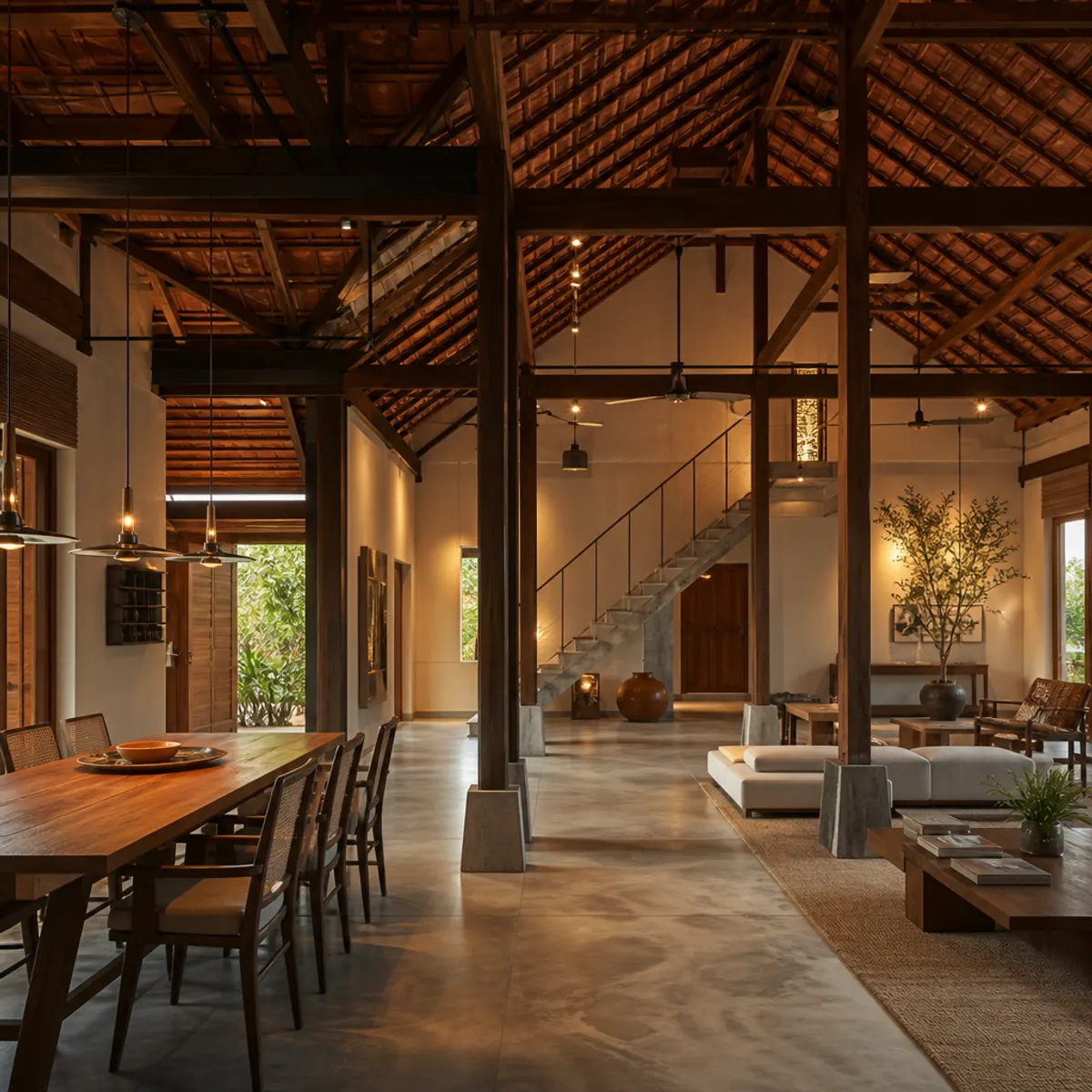 An industrial loft with Kerala-inspired architectural motifs, featuring wooden beams, terracotta tiles, and lush greenery.