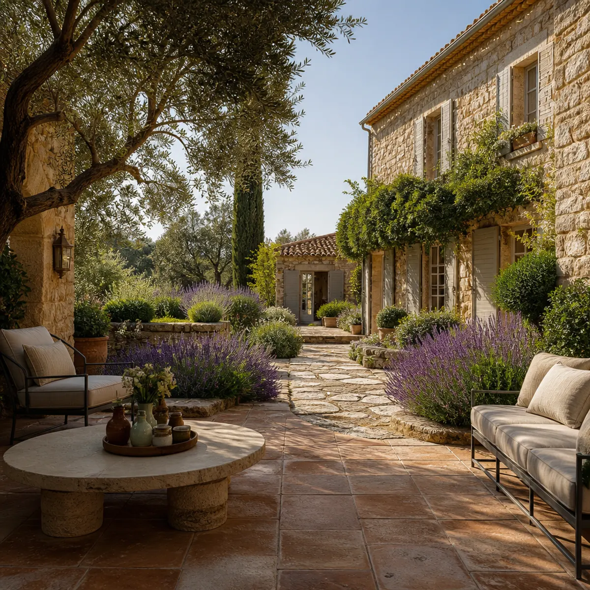 Luxurious Provencal garden featuring elegant terracotta tiles, vibrant lavender plants, and sophisticated outdoor seating.