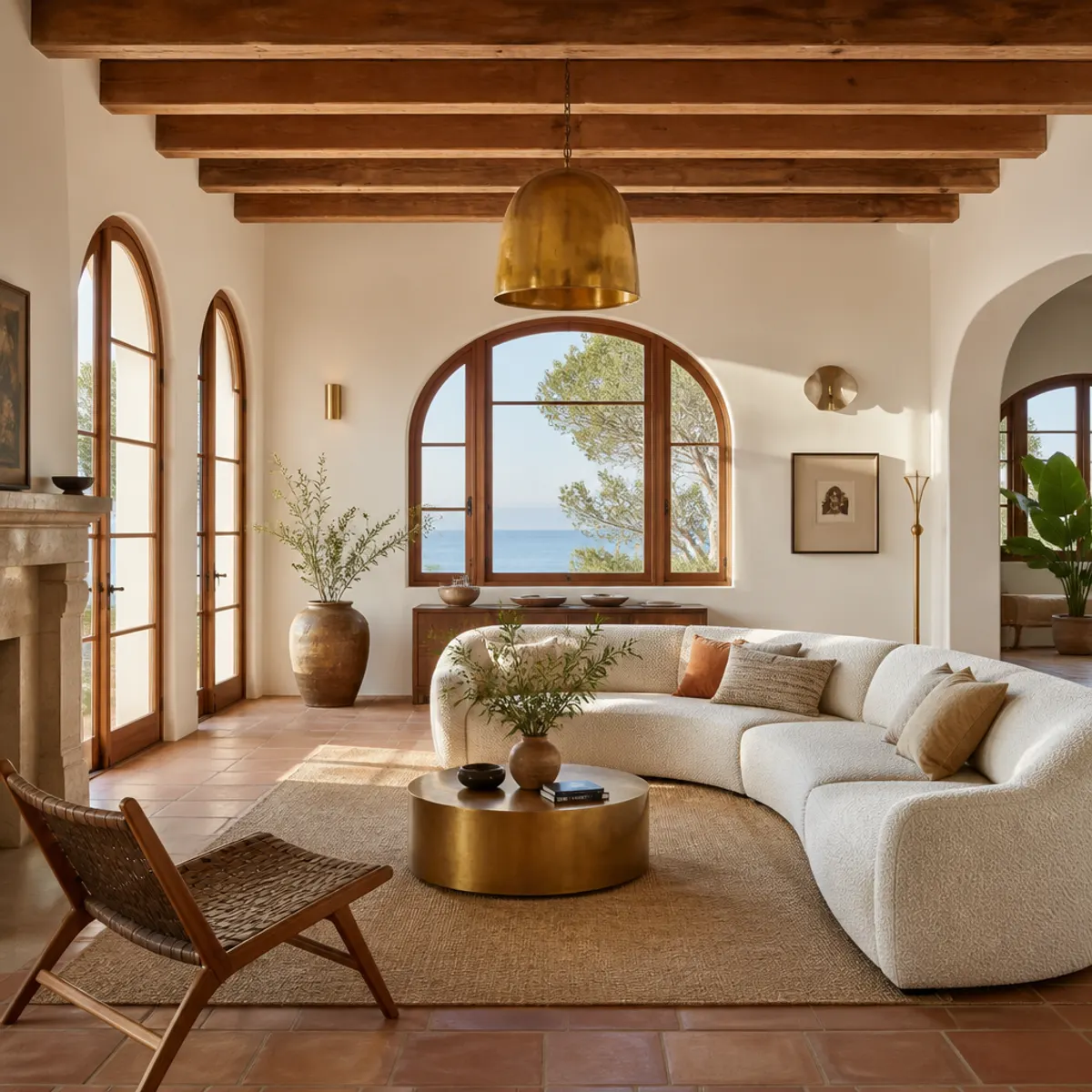 Bright living room featuring arched windows, terracotta tiles, and rustic wooden beams in Mediterranean Coastal style