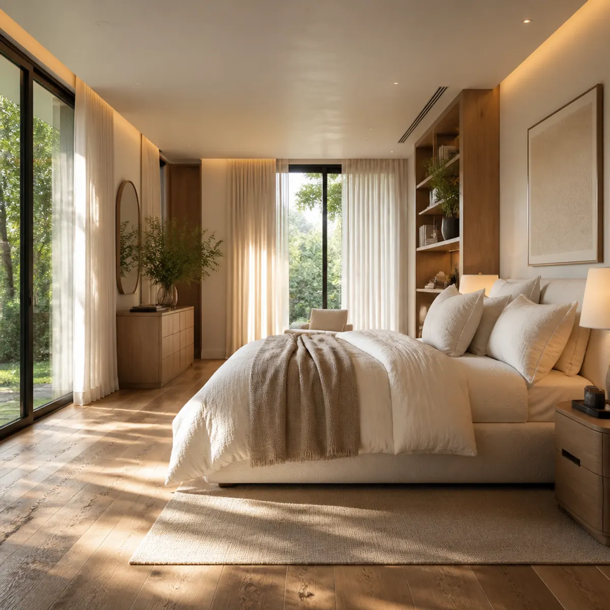 A serene modern organic bedroom featuring natural wood tones, soft linen bedding, and lush greenery.