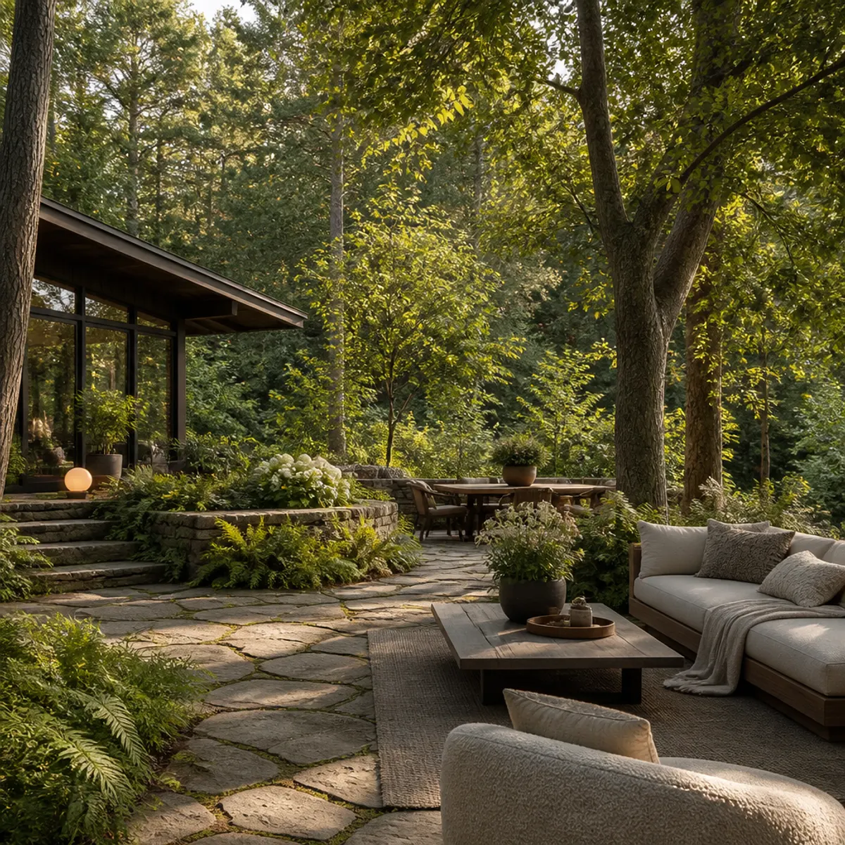 Scandinavian classic garden retreat featuring natural stone pathways, indigenous trees, and elegant outdoor seating