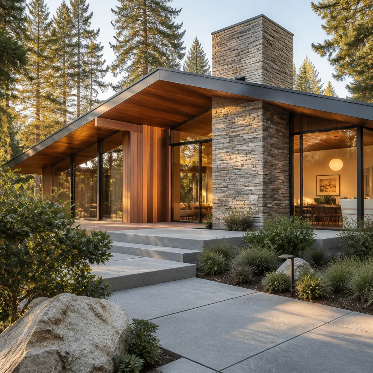 Stunning Mid-Century Modern exterior featuring indigenous wood cladding, large windows for Nordic light, and a sleek pitched roof.