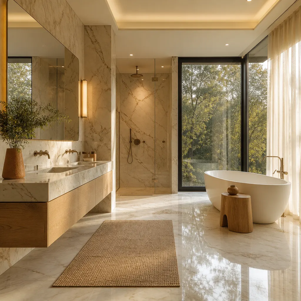 Luxurious contemporary bathroom design featuring marble accents, sleek fixtures, and serene spa-like atmosphere.