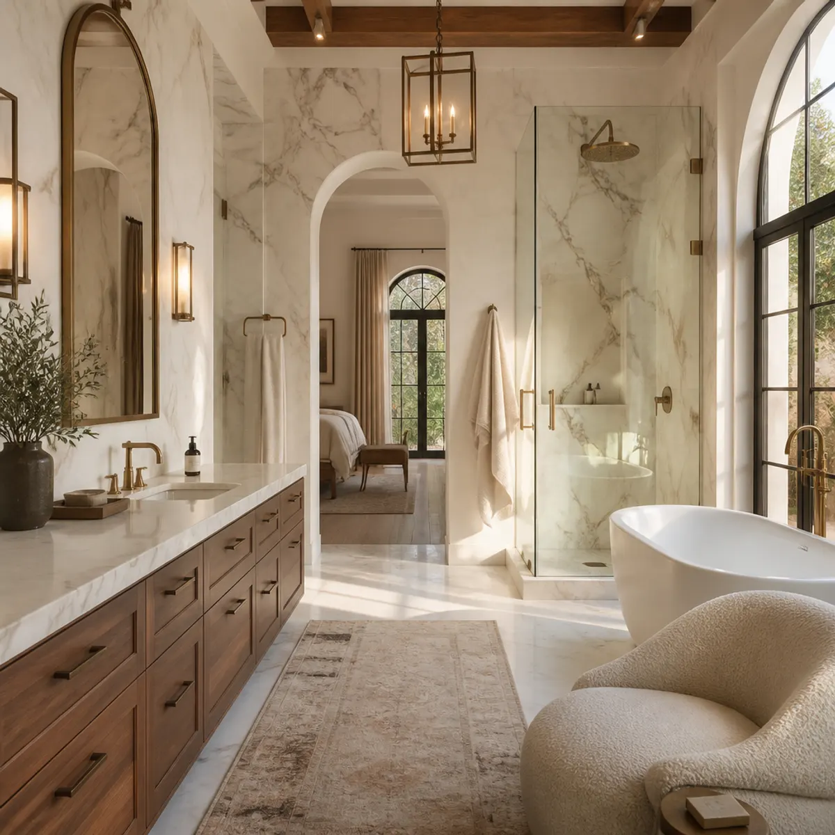 Luxurious Tuscan villa bathroom featuring Calacatta marble, warm wooden cabinetry, and elegant lighting.