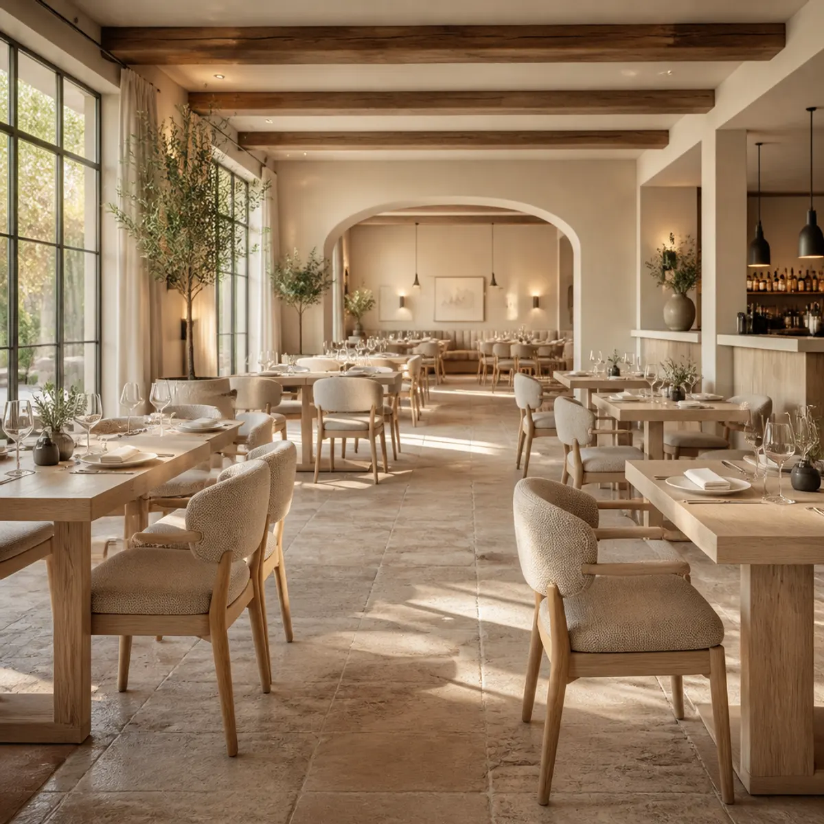 A stylish Scandinavian restaurant interior featuring light wood, soft textiles, and Parisian architectural details.