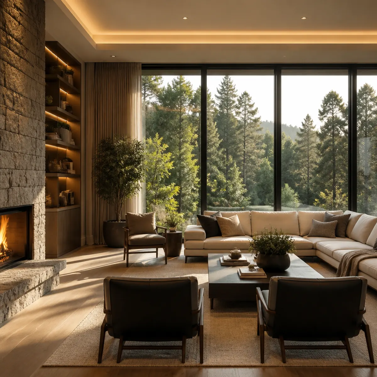 Exterior view of a Scandinavian-Tuscan villa featuring natural stone accents, wooden beams, and lush greenery under soft Italian sunlight.