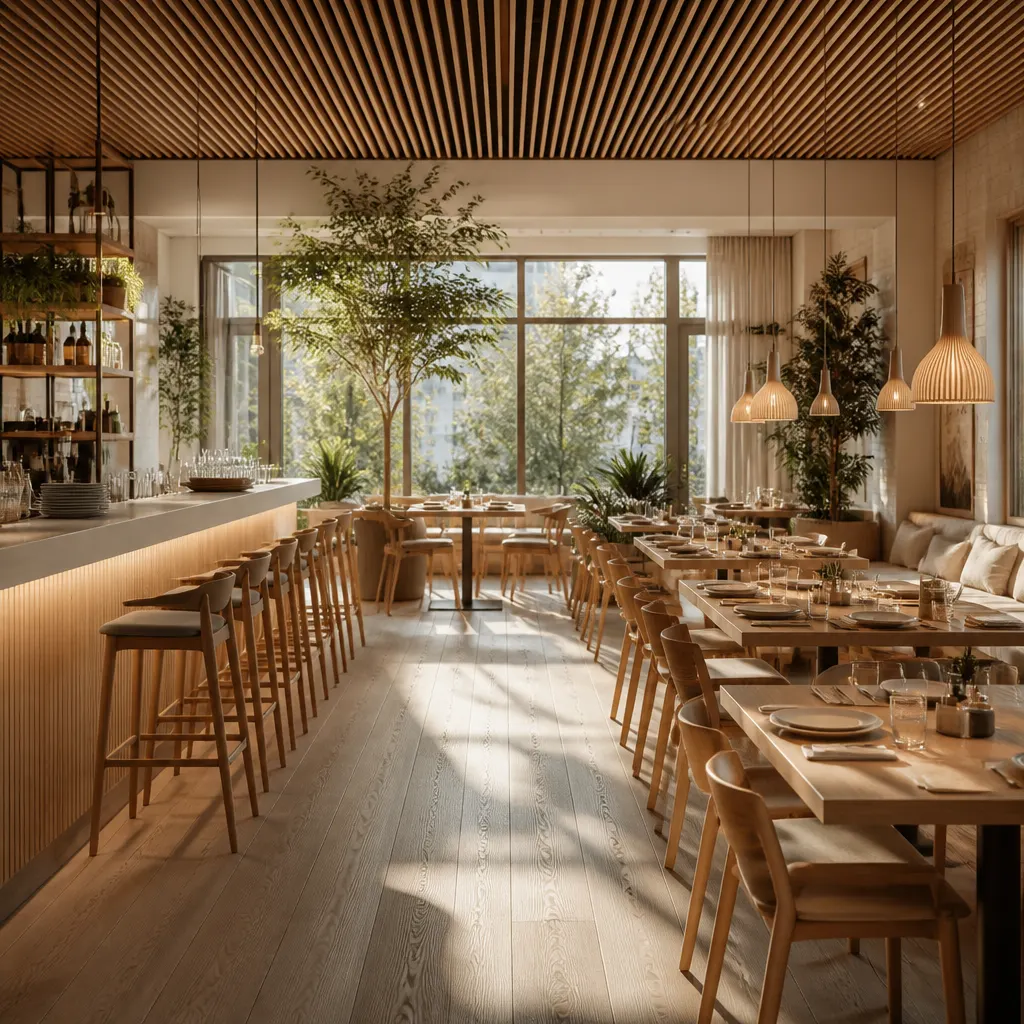 A serene Scandinavian-inspired restaurant featuring natural wood finishes, soft textiles, and minimalist decor.