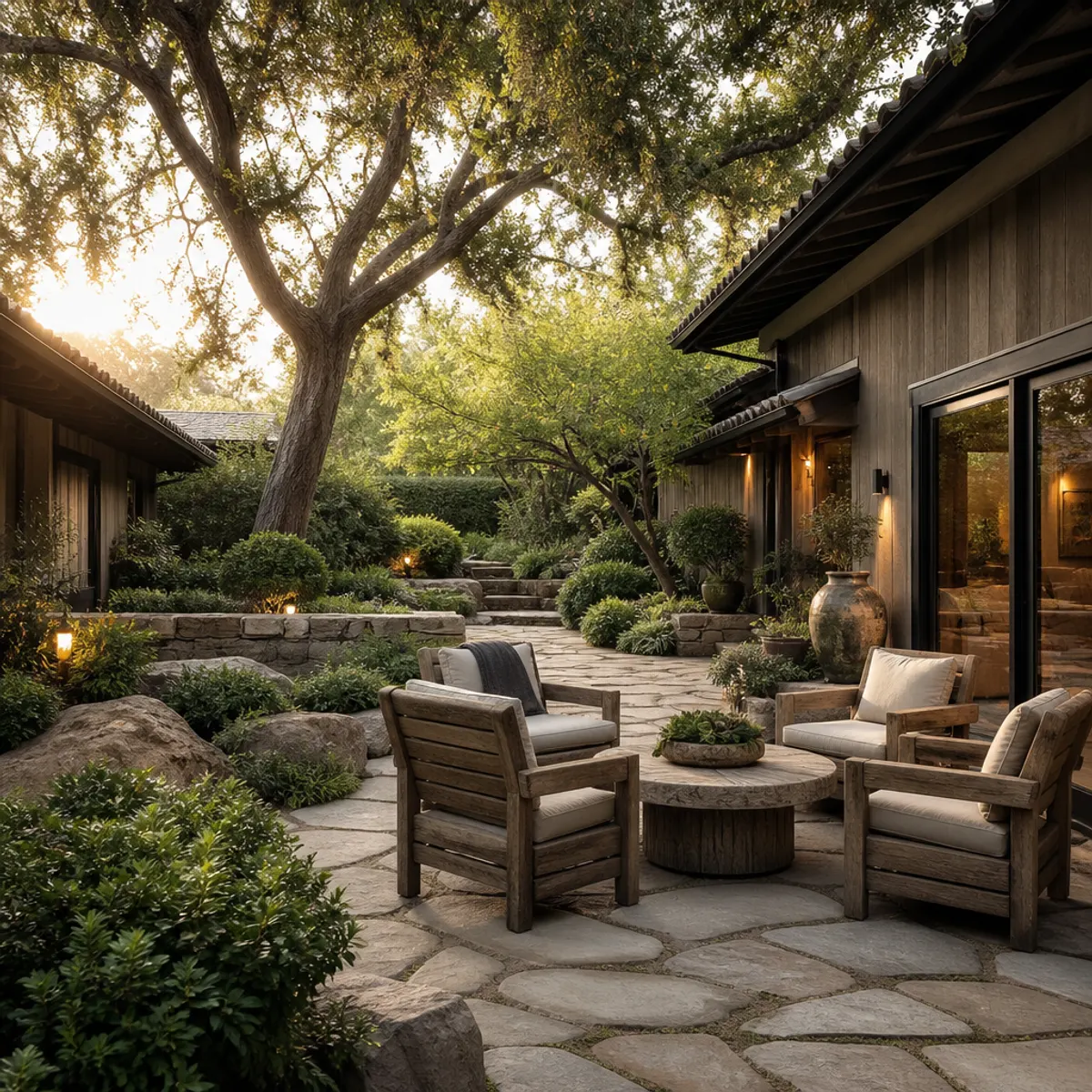 A serene garden retreat with native stone pathways, lush greenery, and wooden seating, embodying biophilic design principles.