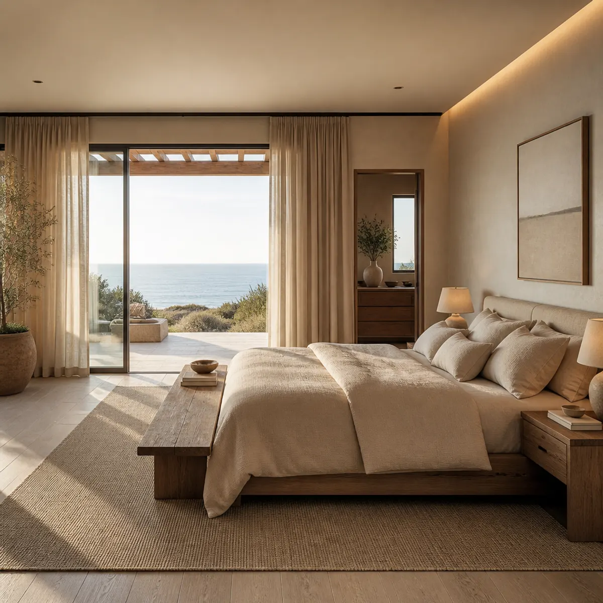 Modern minimalist bedroom with coastal accents, featuring natural woods and soft blue tones.