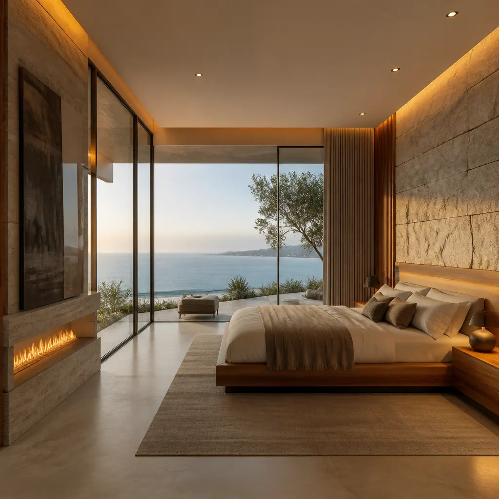 A serene Japandi bedroom featuring Kerala heritage elements with natural light, rich wood textures, and minimalist decor.