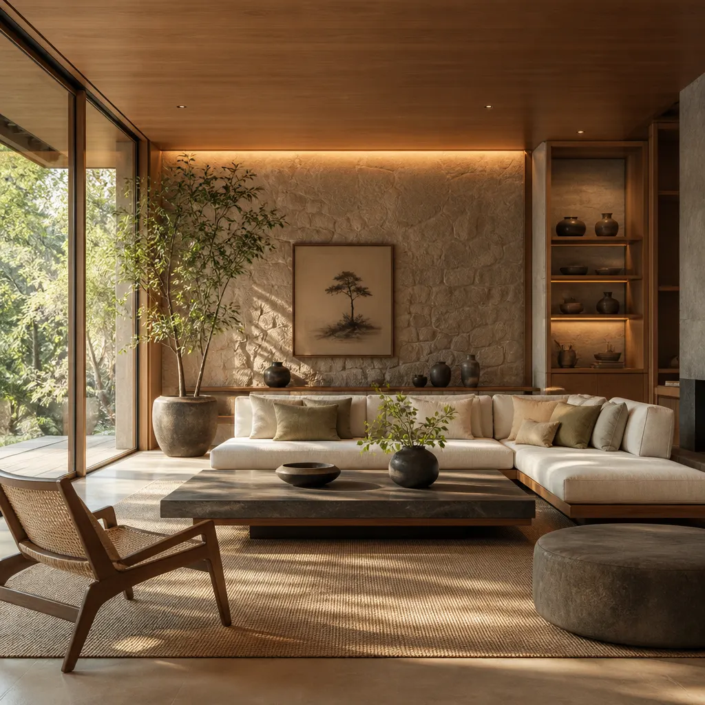 Japandi living room featuring Kerala-inspired woodwork and natural light