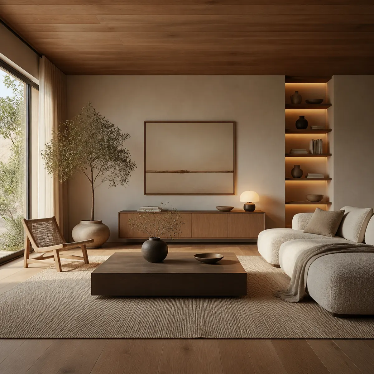 A serene Japandi living room featuring natural textures, minimalist furniture, and a warm color palette of earthy tones.