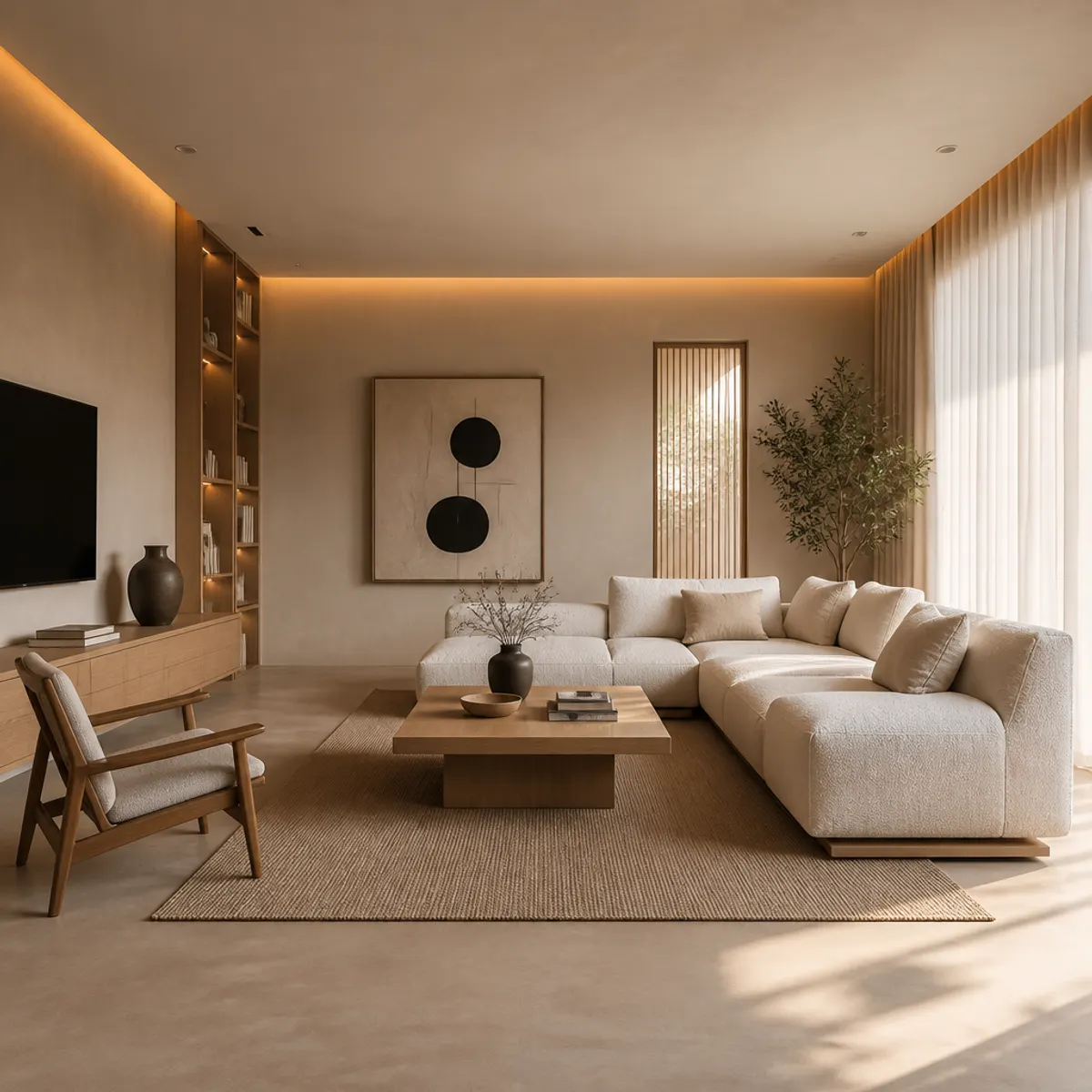 Serene Japandi living room featuring natural wood, soft textiles, and minimalist decor