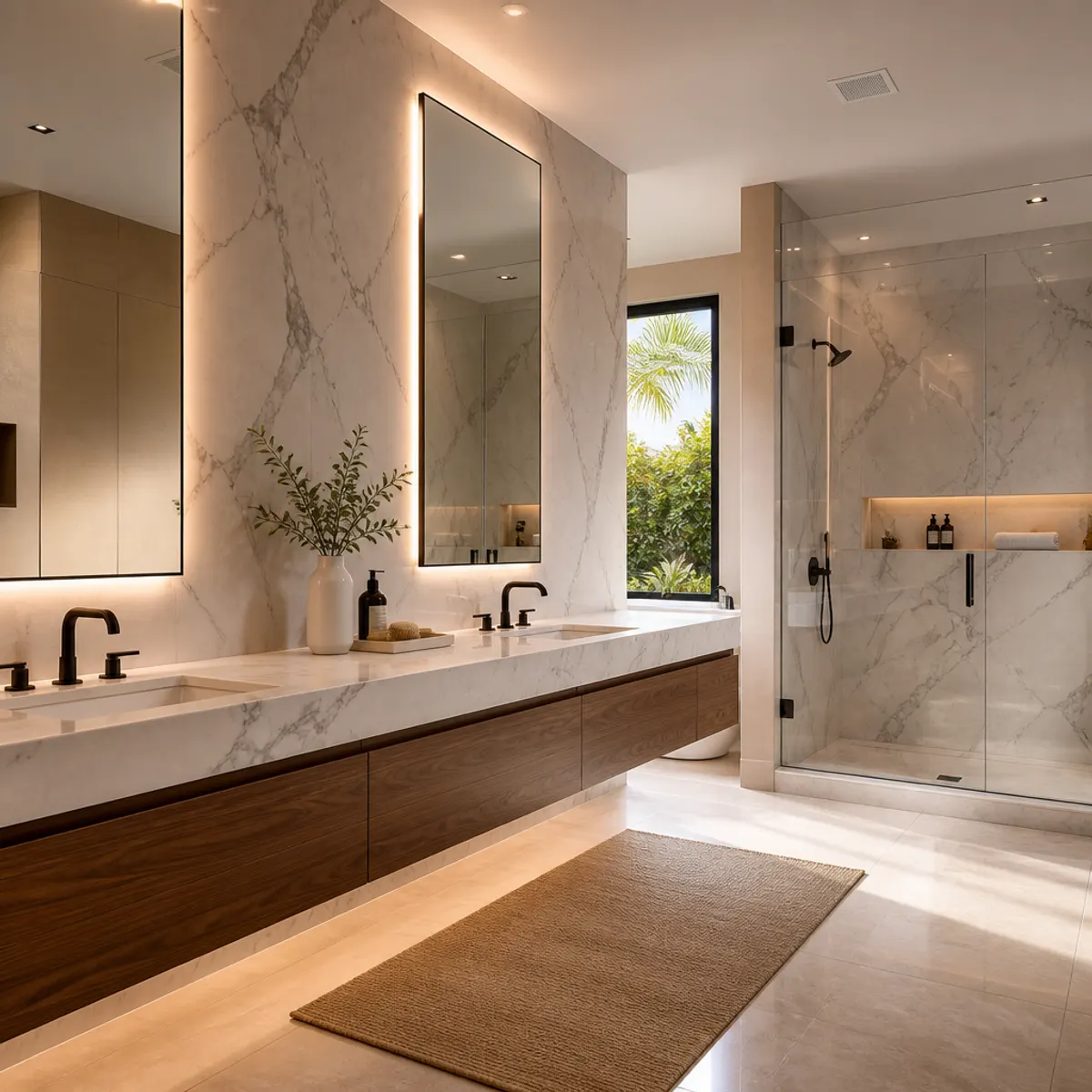 A luxurious contemporary bathroom featuring floating vanities, marble accents, and ambient lighting