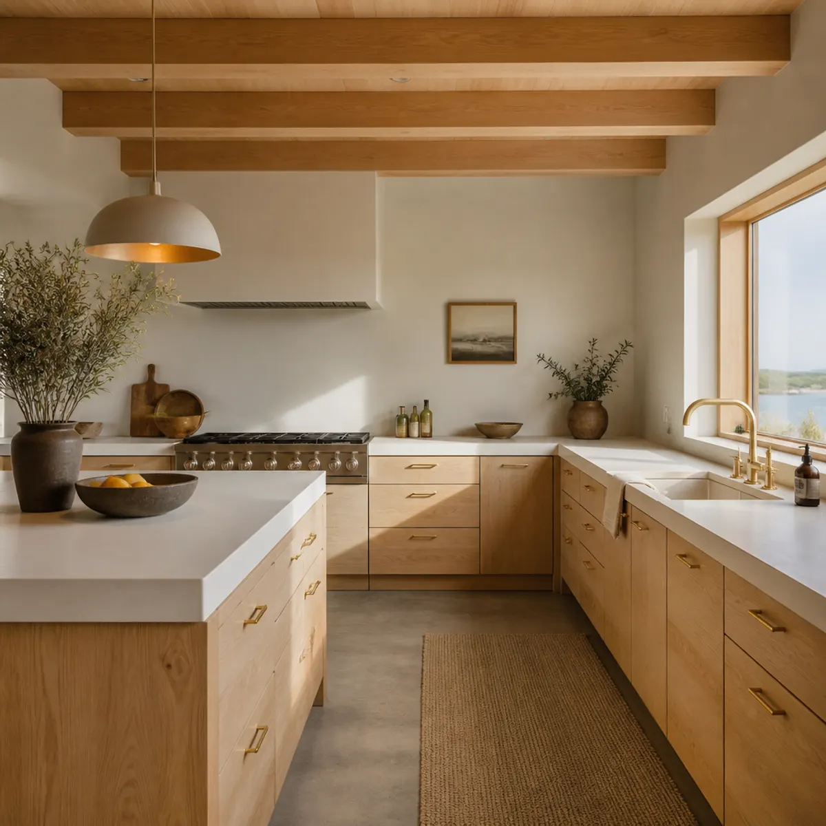A Mediterranean coastal kitchen blending minimalist Japanese aesthetics with coastal elements, featuring warm woods and soft natural light.