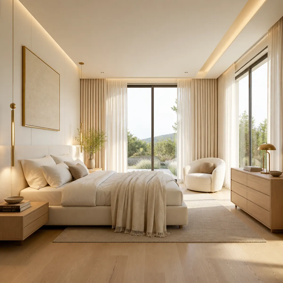 A serene modern minimalist bedroom with coastal accents featuring light wood finishes and neutral tones.