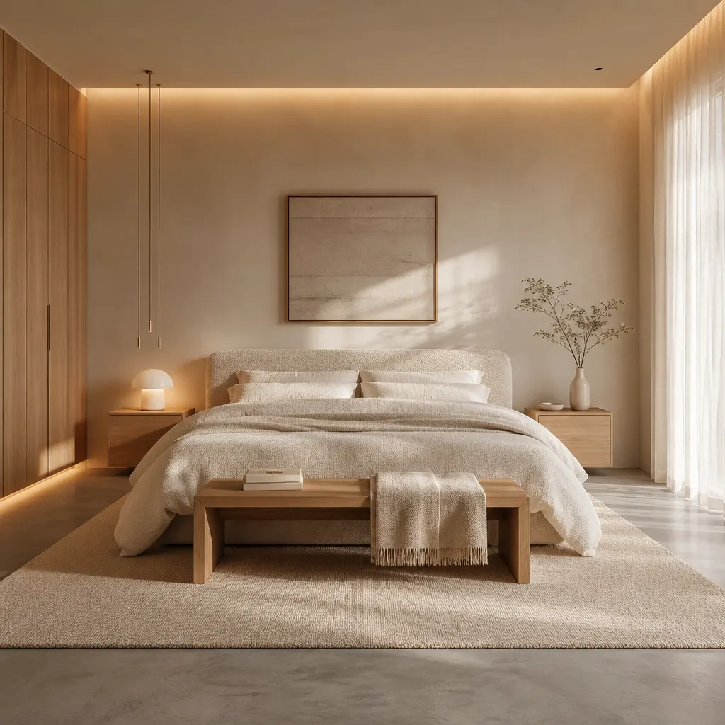 Serene modern minimalist bedroom showcasing organic textures and soothing color palette