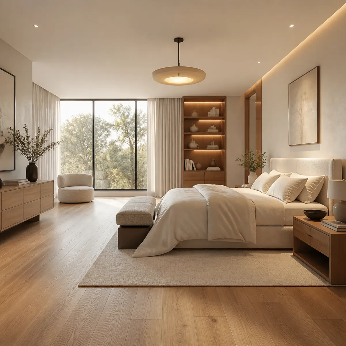 Modern minimalist bedroom featuring a neutral color palette, natural wood accents, and soft textures for a tranquil atmosphere