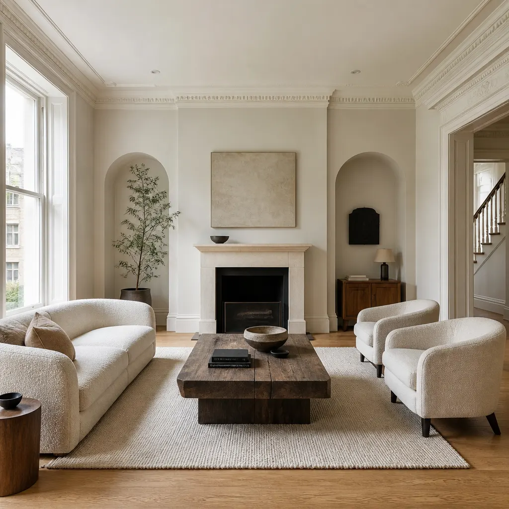 Modern minimalist living room featuring Georgian architectural details and natural materials