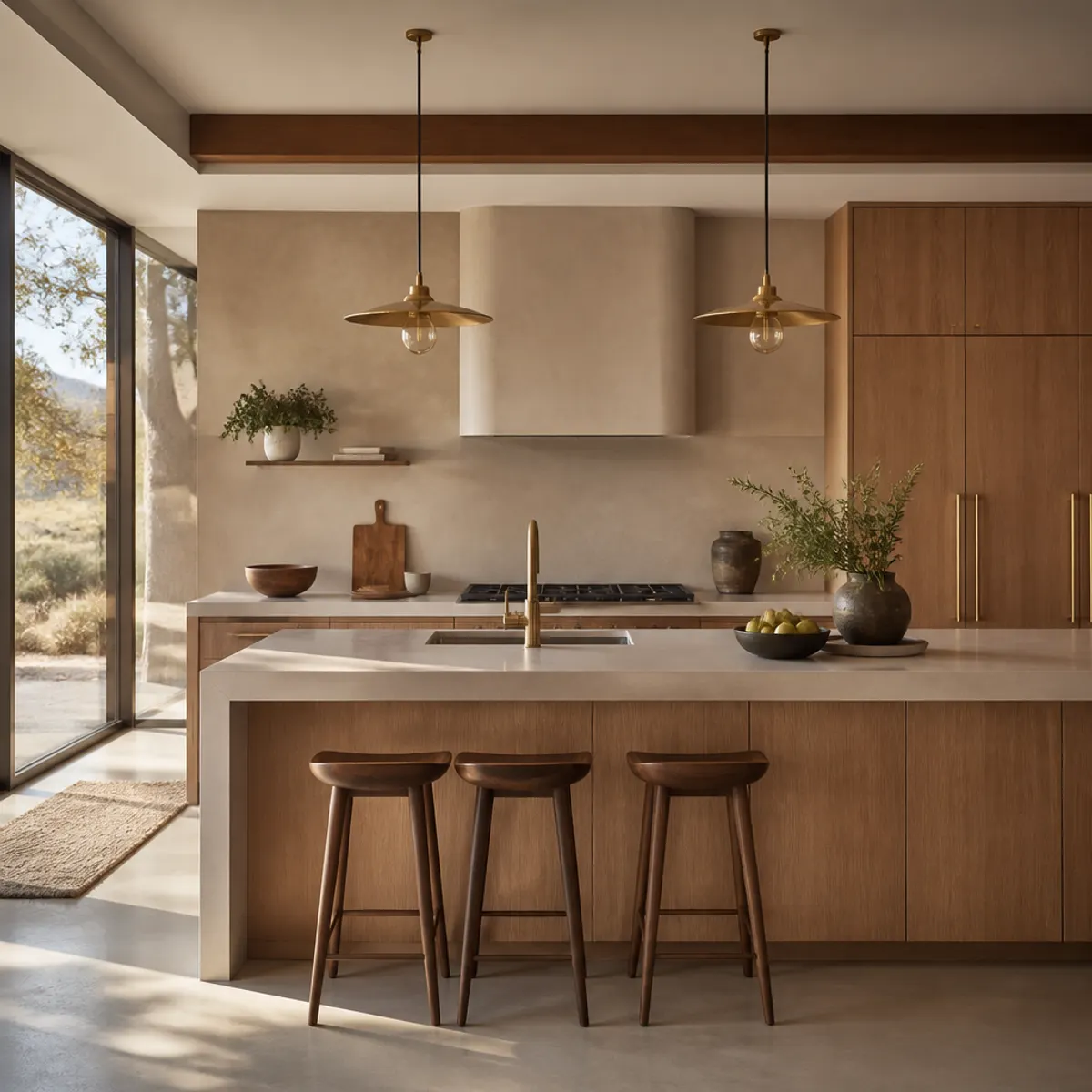 A serene kitchen featuring organic shapes, earthy tones, and natural materials harmonizing in a modern design.