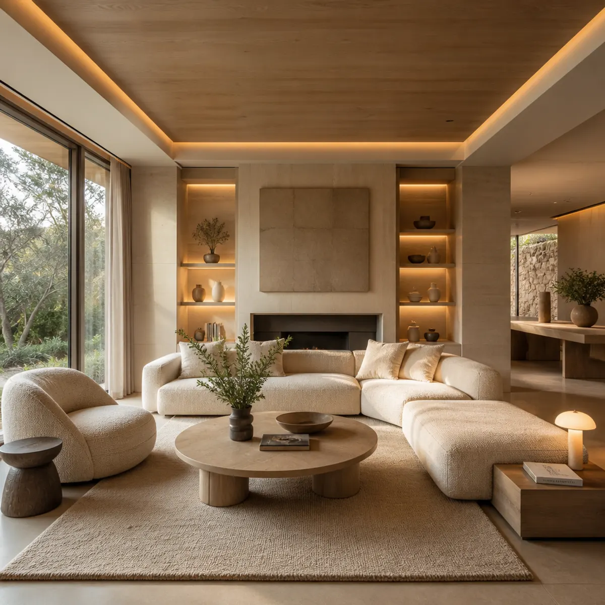 A serene living room featuring natural wood accents, plush bouclé textiles, and soft ambient lighting for a cozy atmosphere.