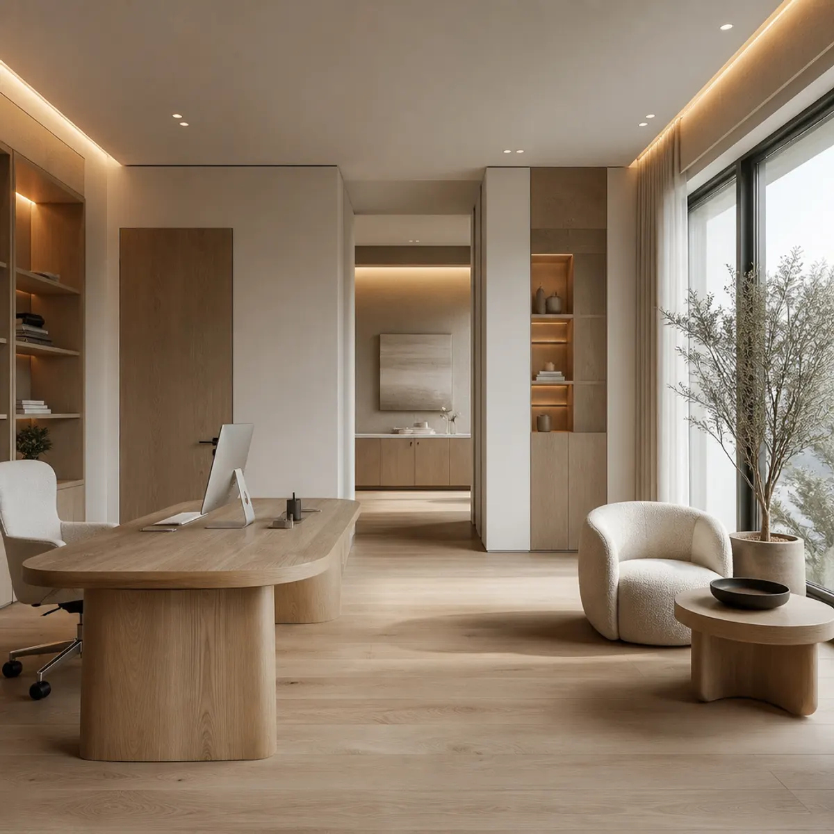 Modern organic office design featuring heritage oak accents and natural light