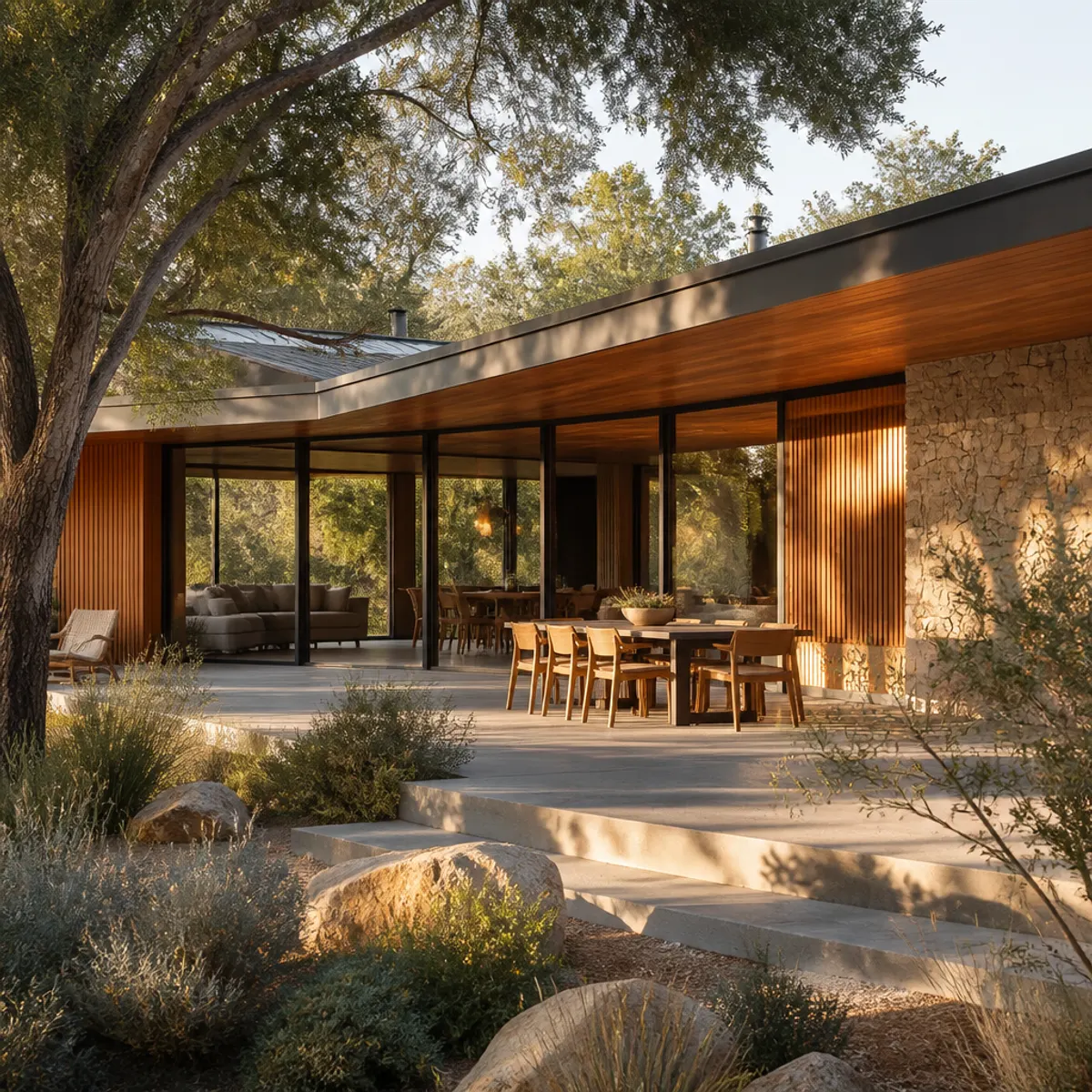 A stunning Mid-Century Modern exterior featuring clean lines, natural wood siding, large glass windows, and a harmonious landscape.