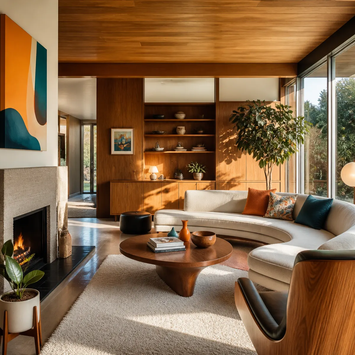 Mid-Century Modern living room featuring a curved sofa, wooden accent furniture, and vibrant decor