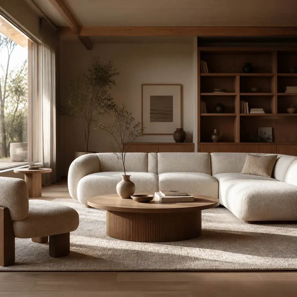 A serene Japandi living room featuring warm wooden elements, soft textiles, and minimalist decor