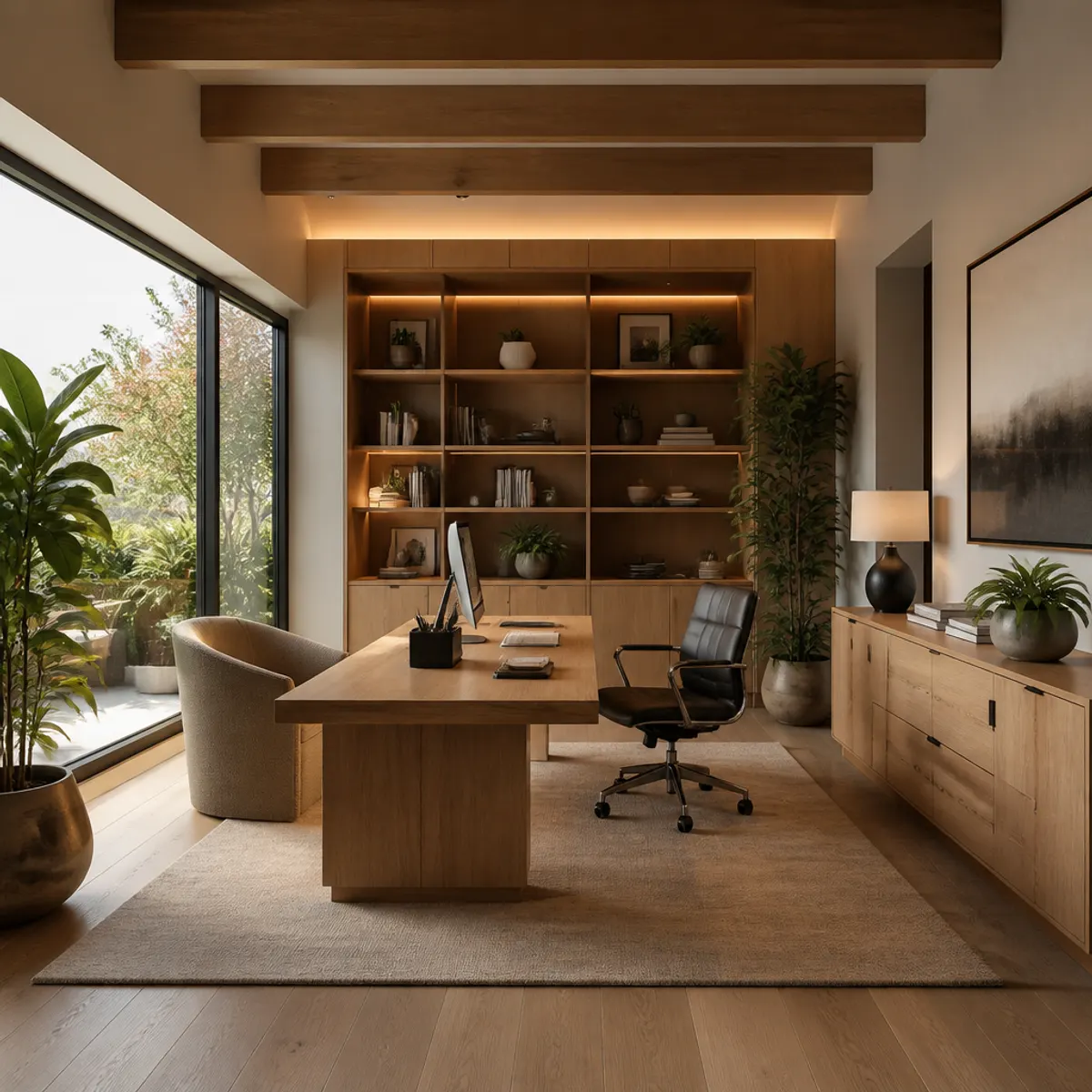 A serene modern organic office featuring wooden accents, greenery, and a calming color palette
