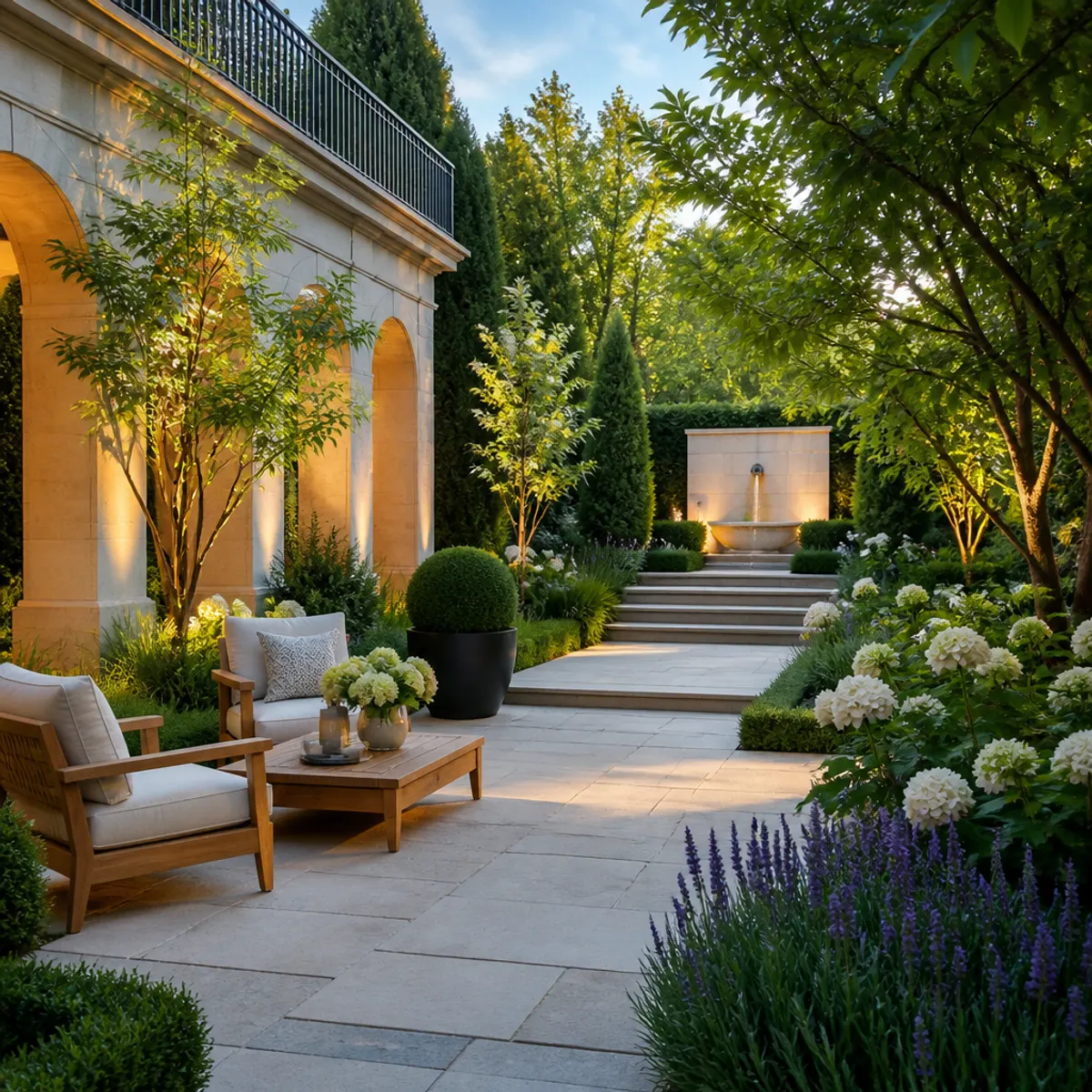 Transitional garden featuring elegant pathways, lush plantings, and a blend of modern and traditional elements.