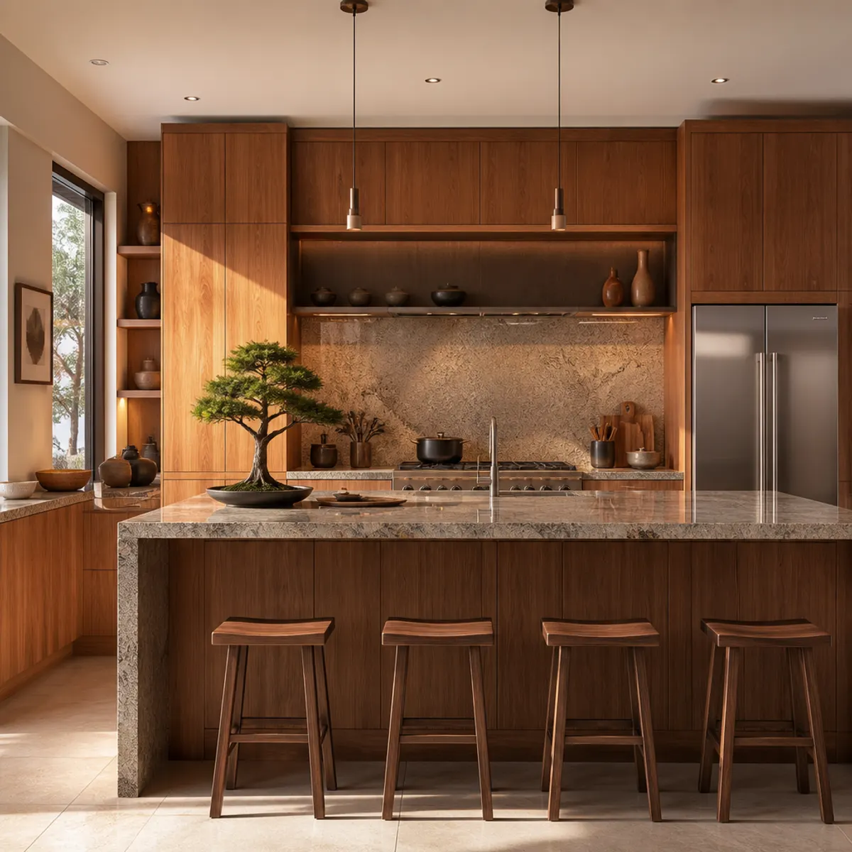 Modern organic kitchen with cedar wood cabinetry, minimalist design, and zen garden views, perfect for Tokyo lifestyles