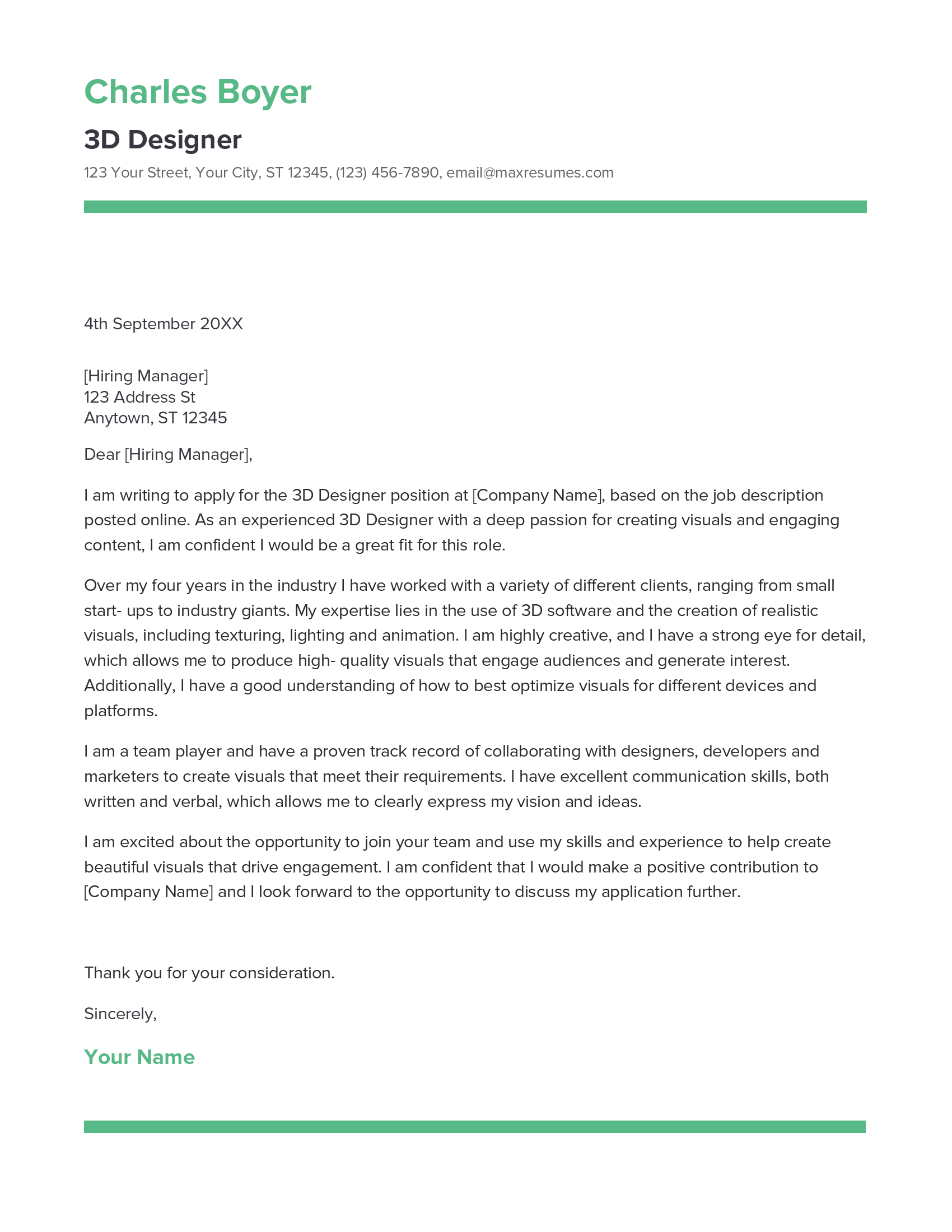 3D Designer Cover Letter Example