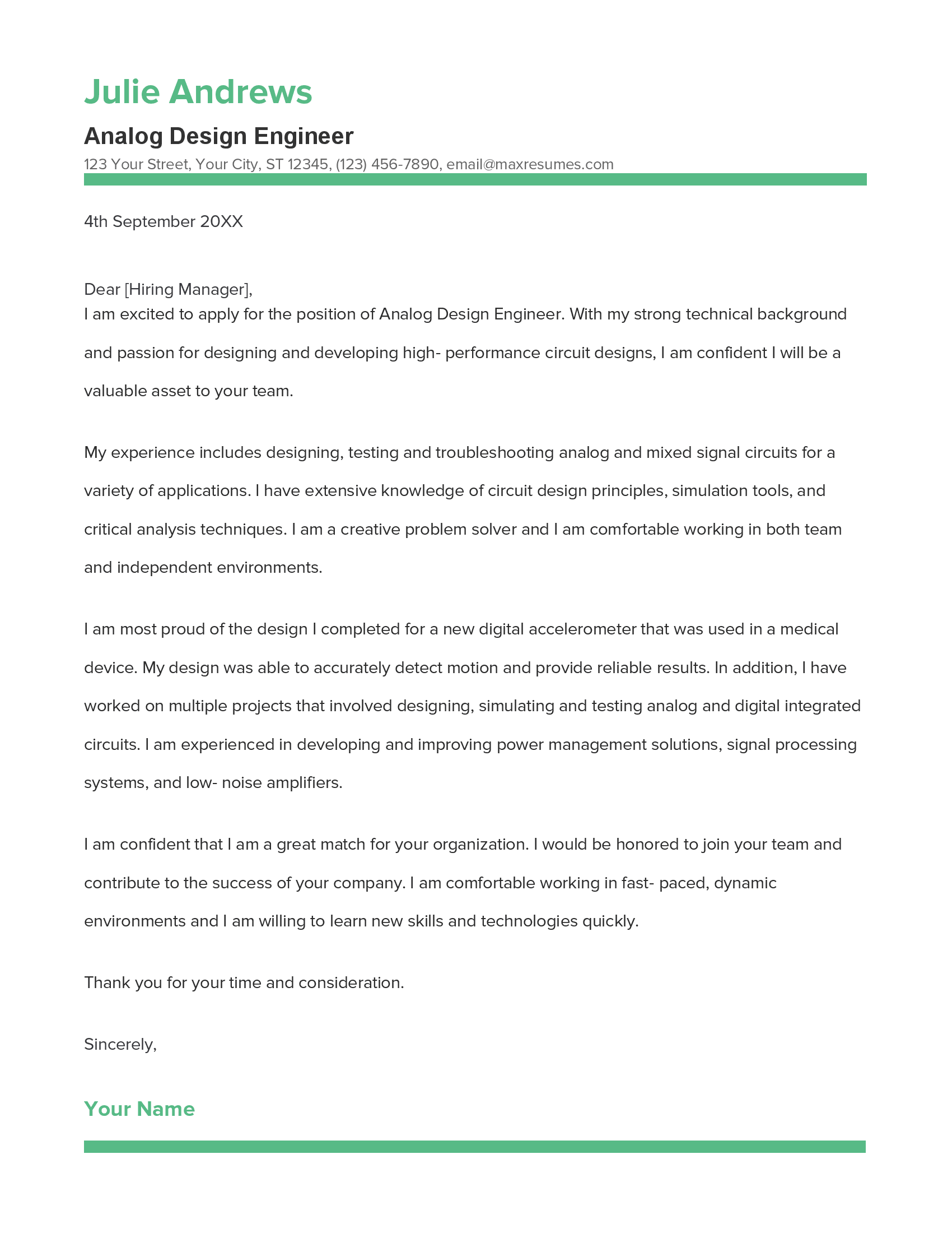 Analog Design Engineer Cover Letter Example