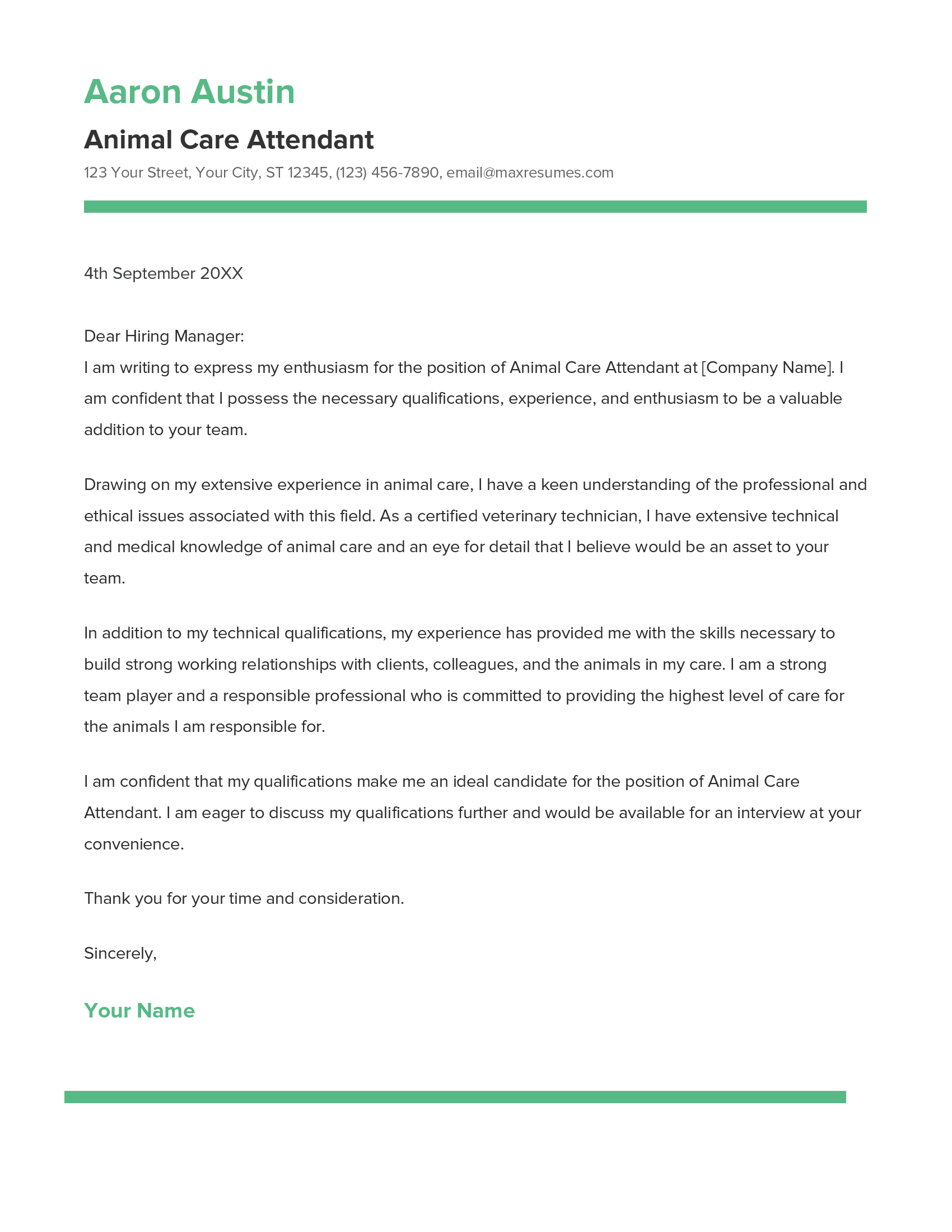 Animal Care Attendant Cover Letter Example