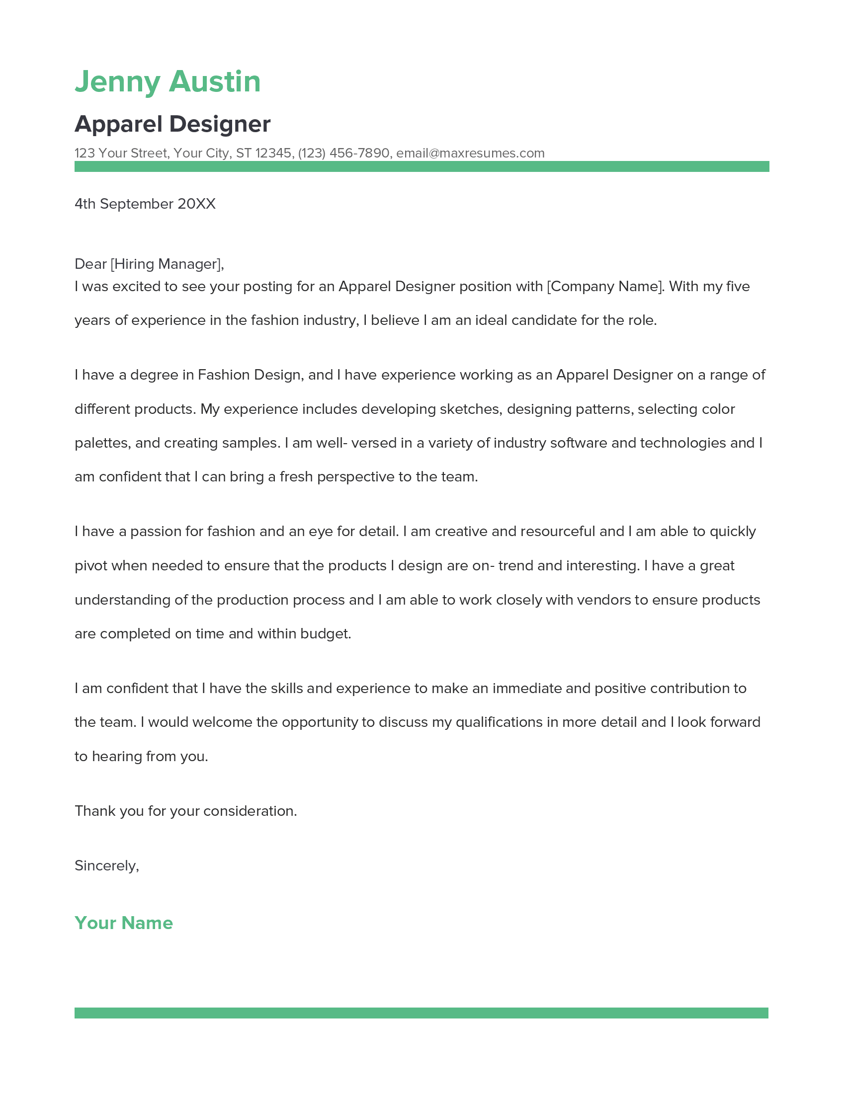 Apparel Designer Cover Letter Example