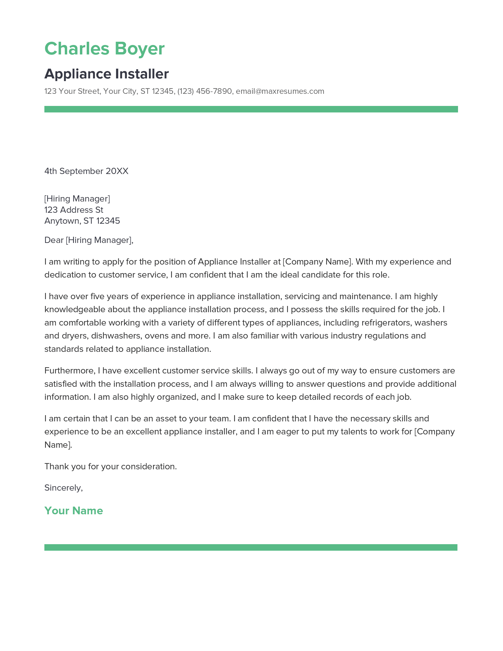 Appliance Installer Cover Letter Example