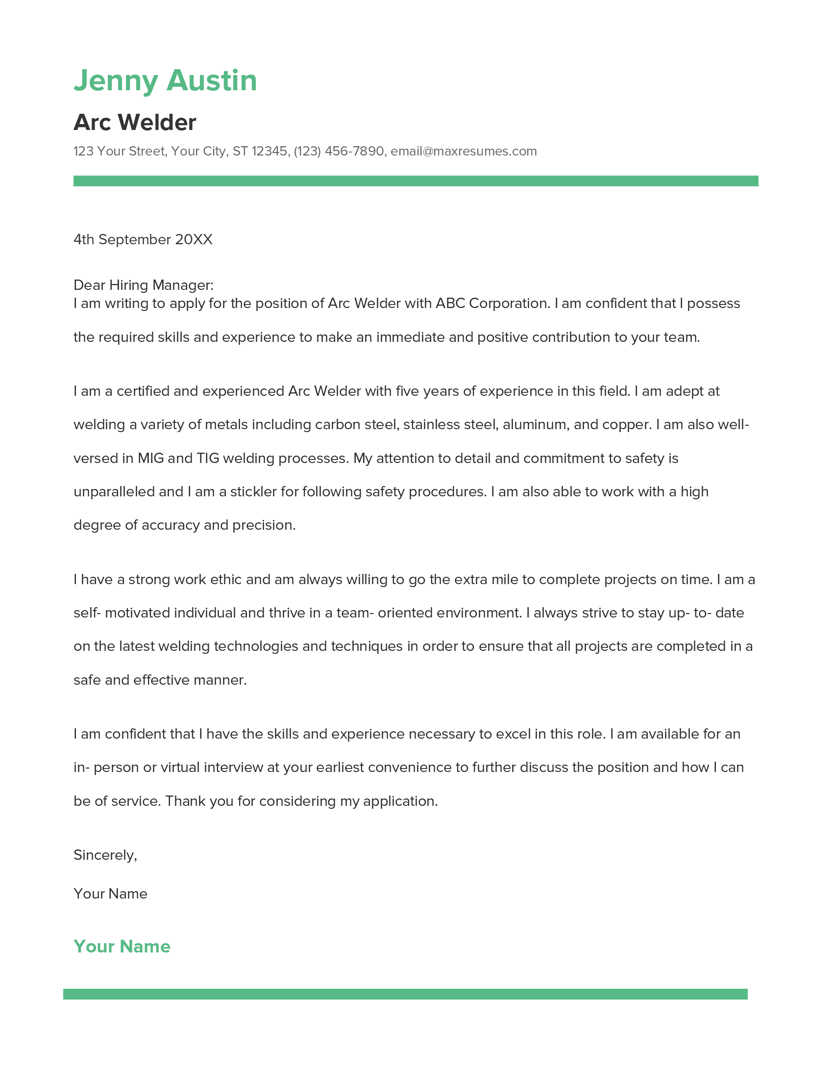Arc Welder Cover Letter Example